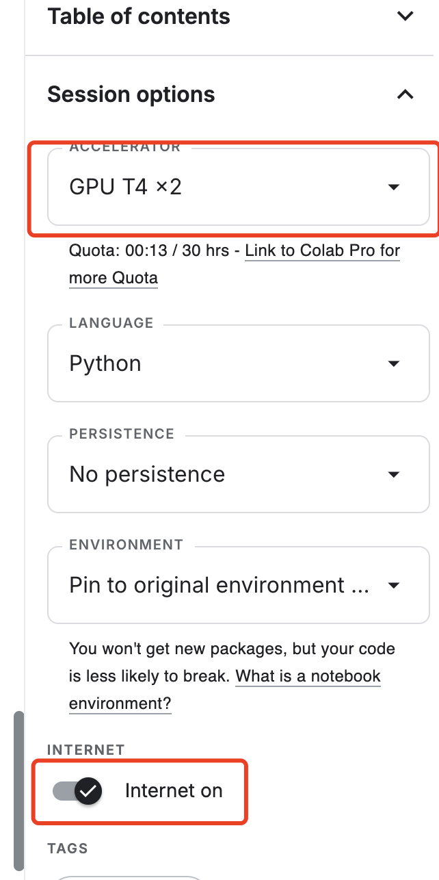 Kaggle 右侧 Session options 面板,Accelerator 选为 GPU T4 ×2、Internet 开关处于打开状态,配额显示 30 hrs
